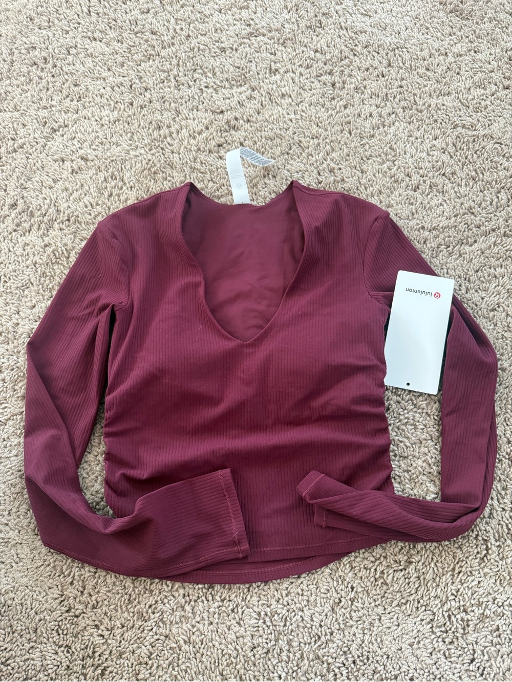 Women's Long Sleeve V-Neck Ribbed Top - Burgundy